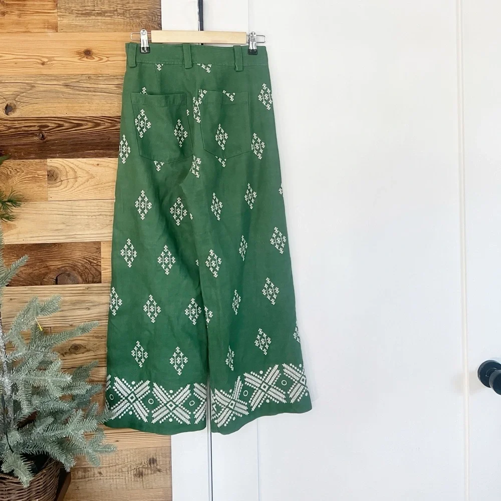 Zara Green Linen Embroidered Cropped High Waist Pants